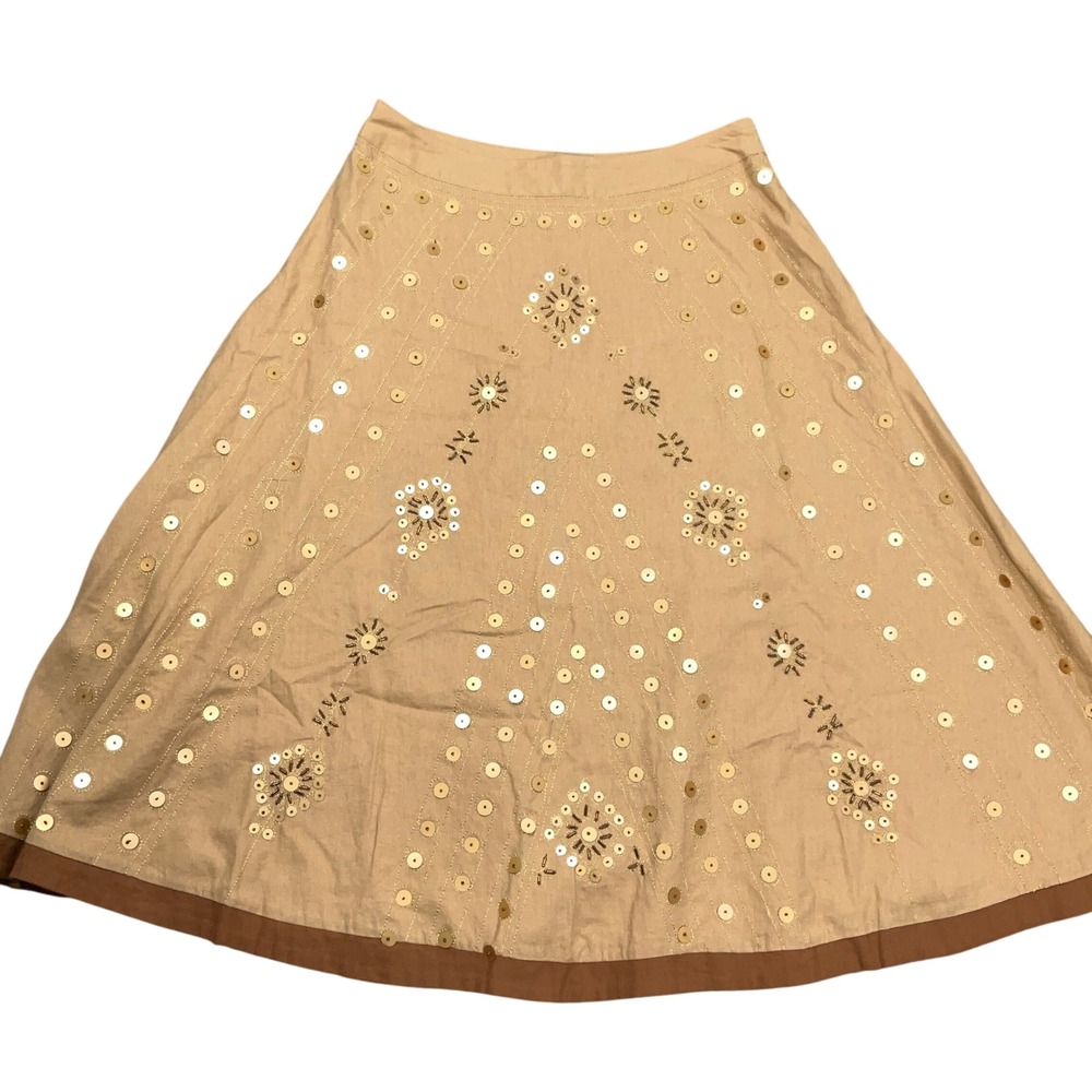 Carole Little Skirt Womens 10 Tan A-Line Embellished Cottagecore Boho Linen Midi